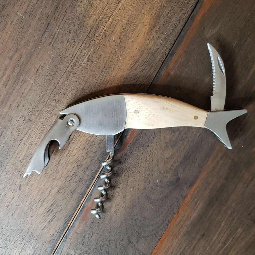 Kikkerland Lightwood Fish Corkscrew Utility Knife